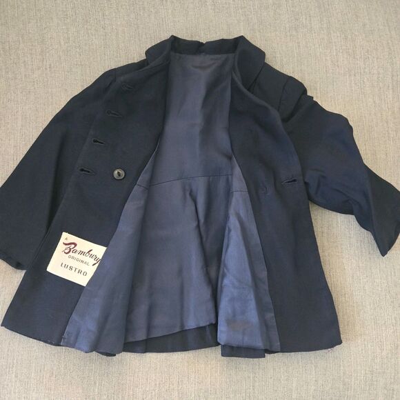Vintage Infant Coat & Bonnet Set Navy Blue 1950s Double-Breasted Pleated - Picture 5 of 11